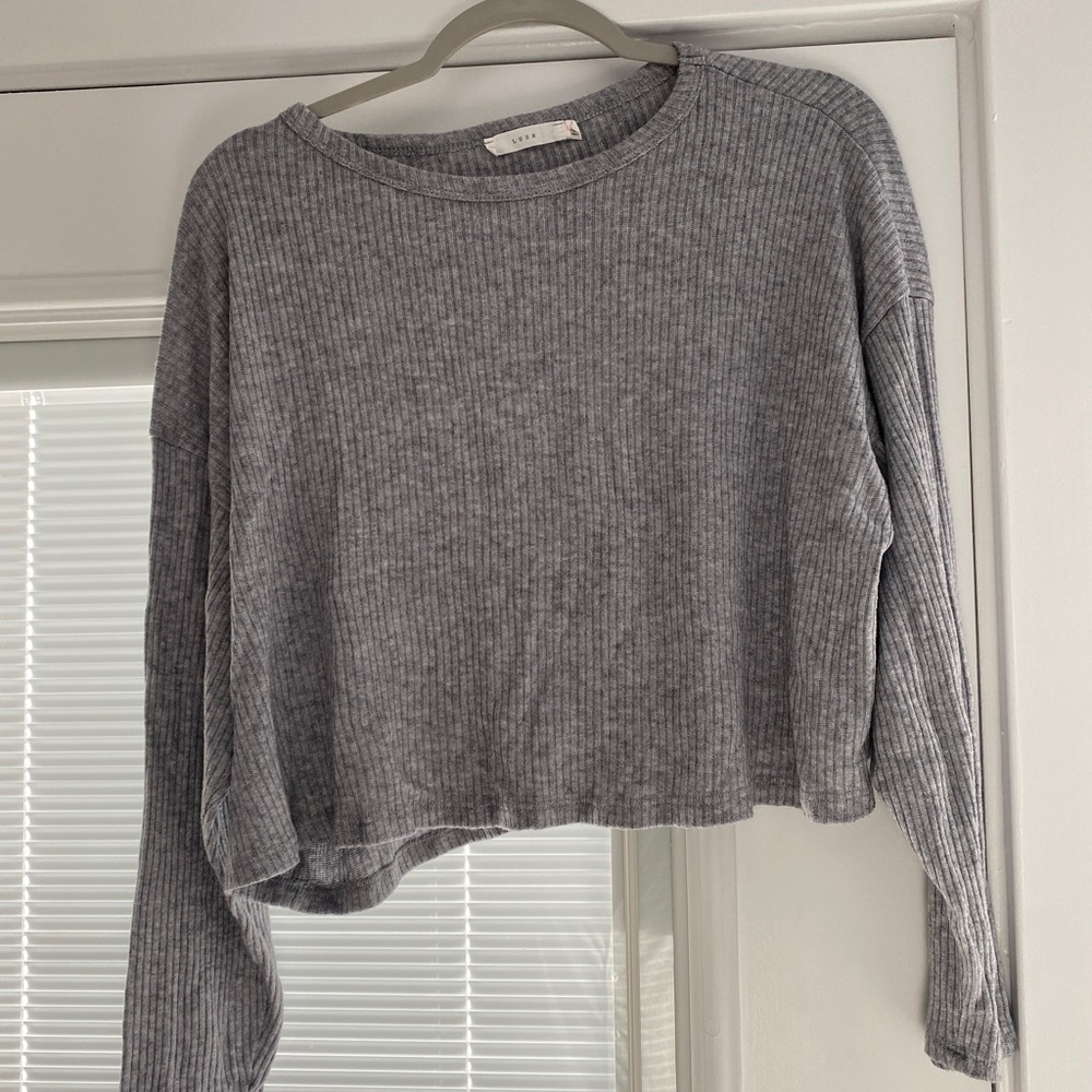 Lush Grey Ribbed Cropped Long Sleeve